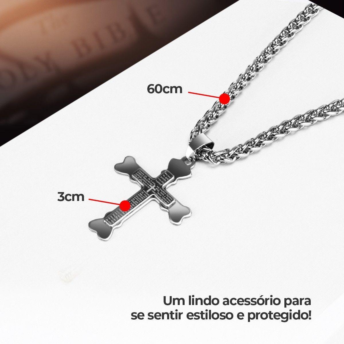 Miniatura Pingente Cruz Pai Nosso + Cordão Aço Inox Prata Presente