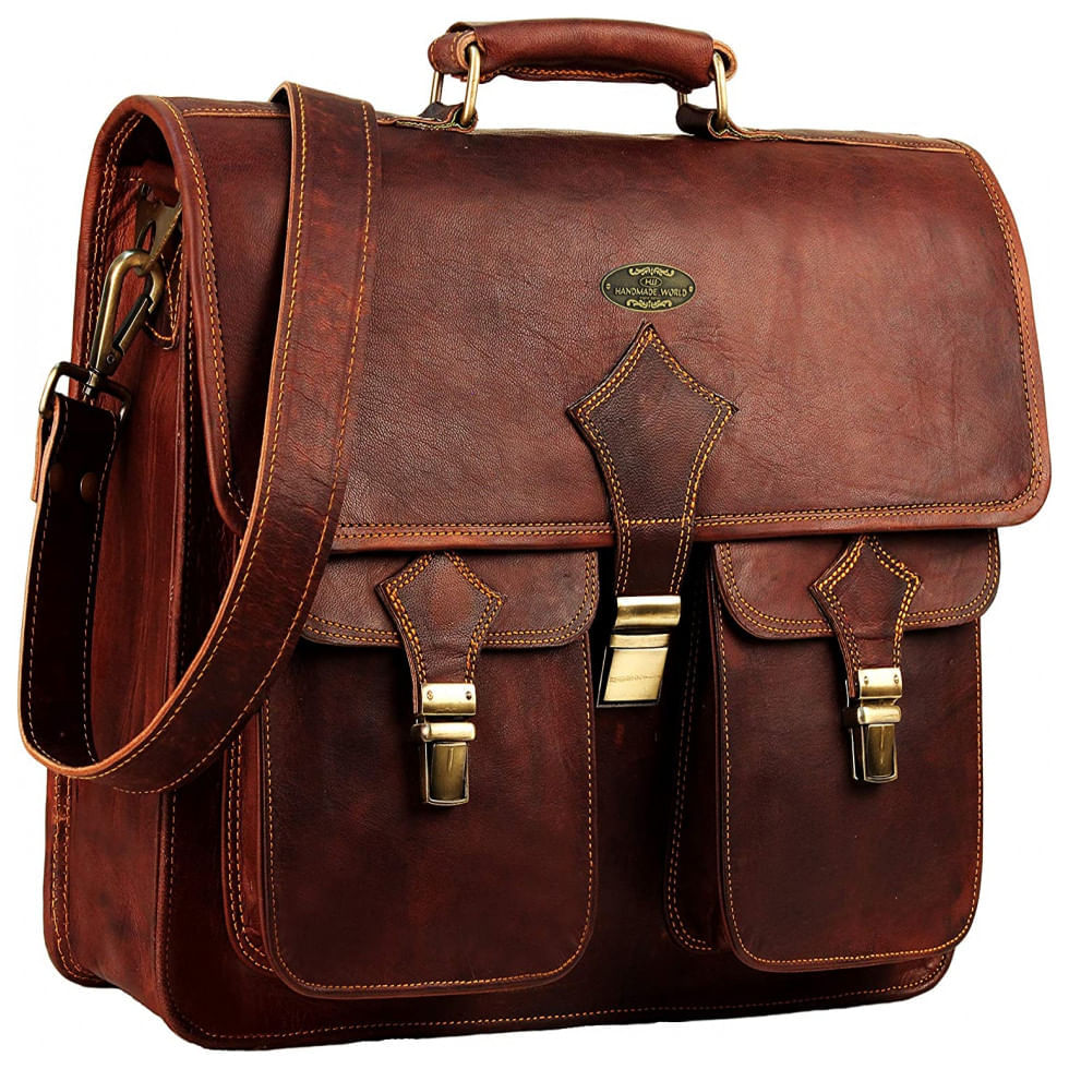 Miniatura Bolsa Maleta de Couro Masculina para Laptop, HULSH, Marrom