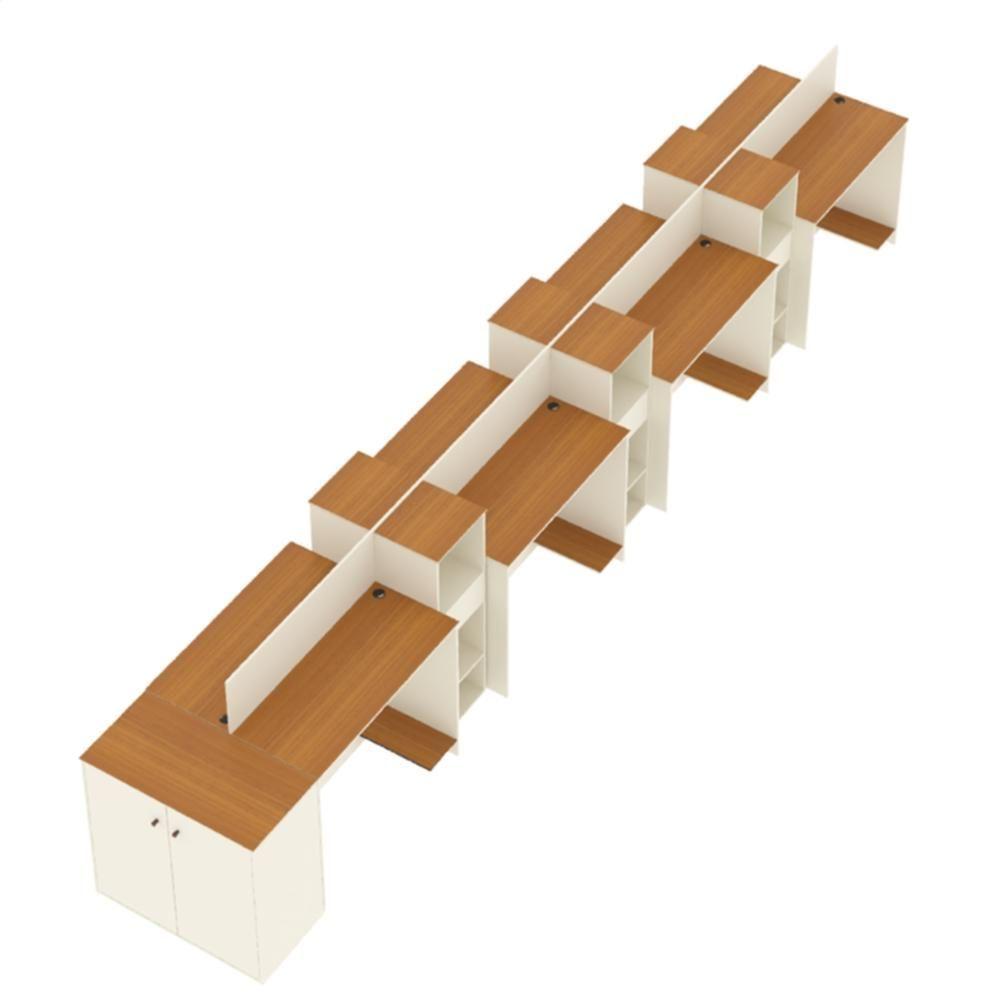Miniatura Estação De Trabalho 8 Lugares Smart Office 8 Mesas 6 Armários 1 Aparador Off White E Cedro