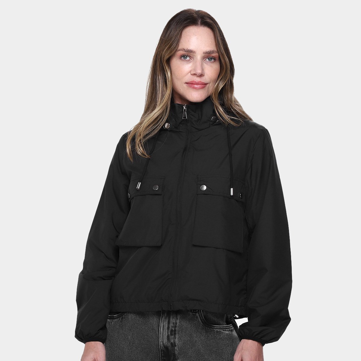 Miniatura Jaqueta Corta Vento com Capuz Facinelli Cargo Feminina Preto - G