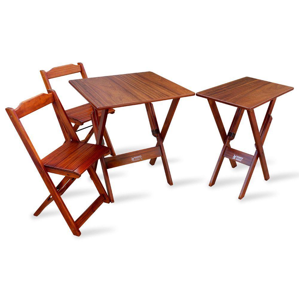 Miniatura Conjunto De Mesa Dobrável 70x70 Com 2 Cadeiras Com Mesa Aparador Tarimatã -imbuia - Cor: Marrom