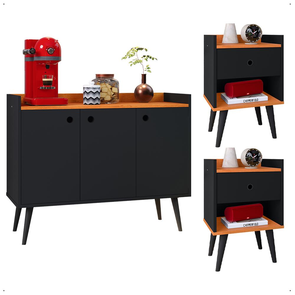 Miniatura Kit 2 Mesas Cabeceira Decore Mesinha Gaveta Nicho Aparador Buffet Wood New Preto/Cinamomo Retrô Pés Palito - Lojas RPM
