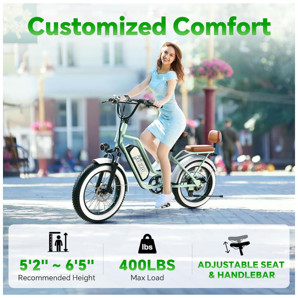 Miniatura Bicicleta Elétrica para 2 Pessoas, Bateria Removível de 48V 20AH, Motor Potente, Pneus Largos 20"x 4.0" para Adultos, Autonomia de 80 Milhas, Velocida