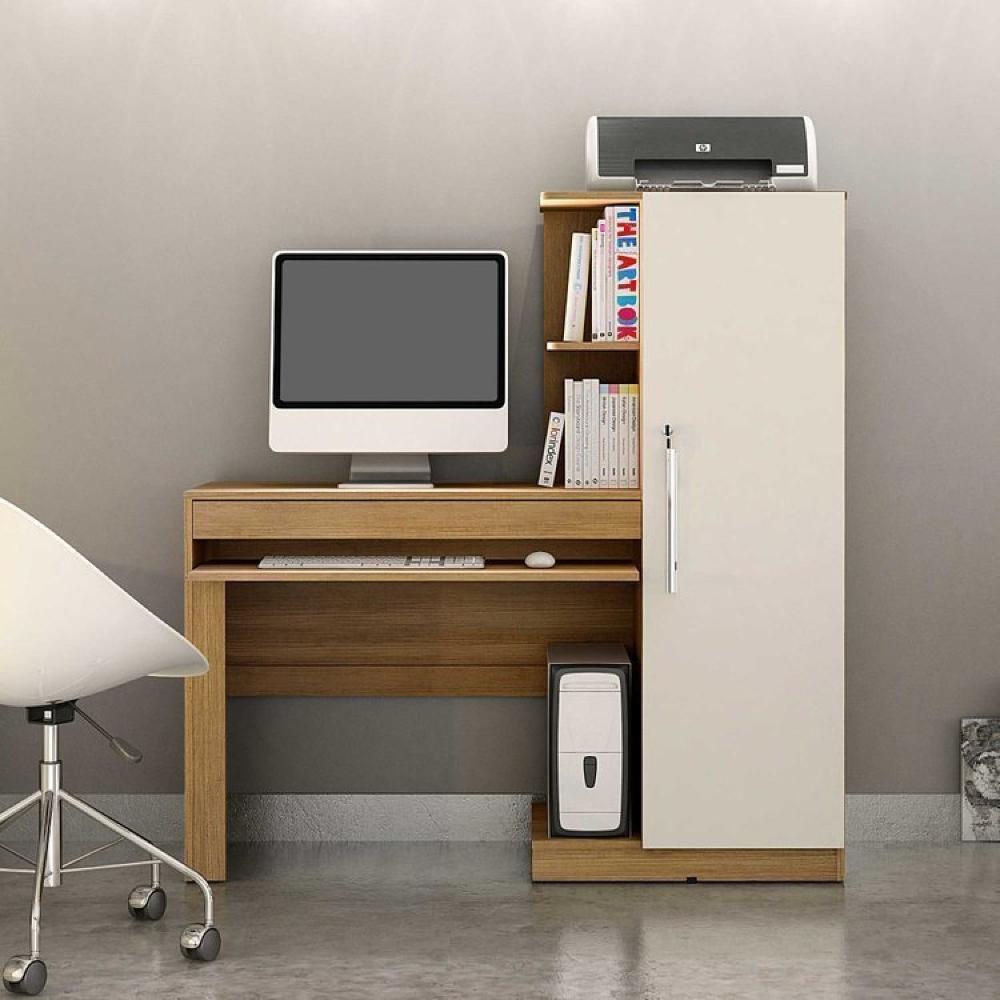 Conjunto Mesa para Computador Escrivaninha com Armário e Armário Multiuso 2 Portas com Chave Asteca Cinamomo/Off White