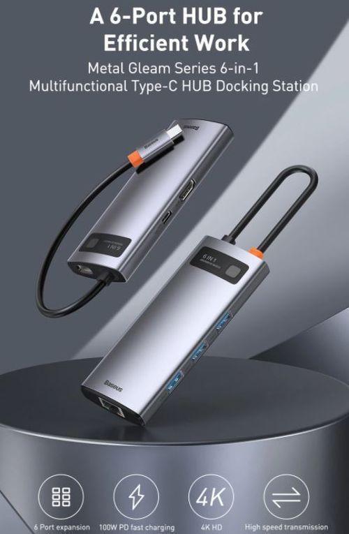 Miniatura Hub Dock Station Baseus 6 Em 1 Usb C Hdmi Rj45 Thunderbolt 3