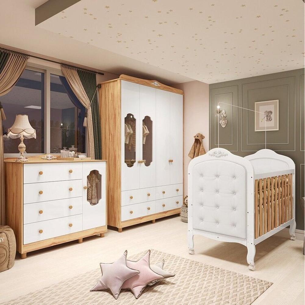 Miniatura Quarto de Bebê com Guarda-Roupa Cômoda e Berço com Capitonê 100% MDF Maya Provençal Espresso Móveis Branco Brilho/Amêndoa/Branco