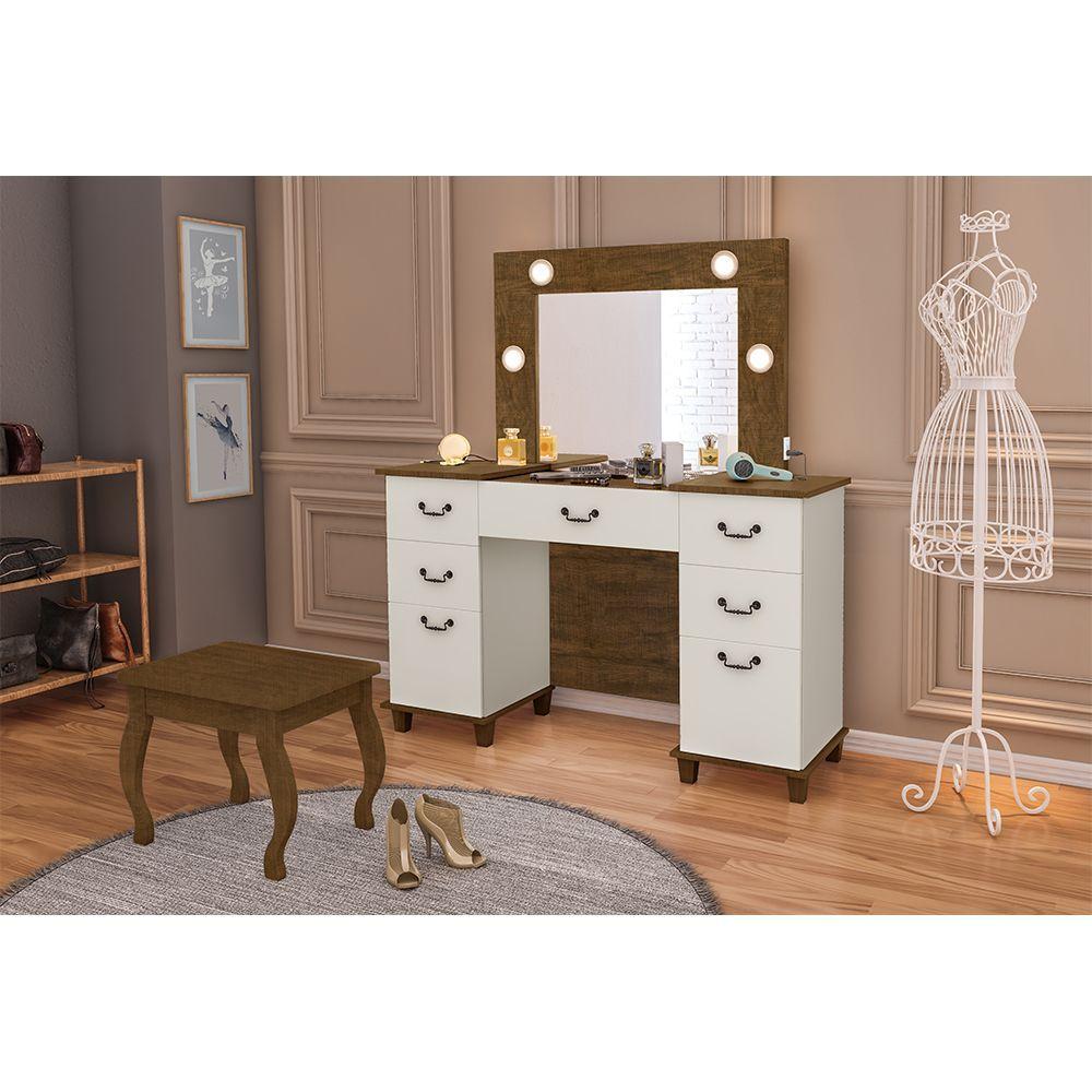 Miniatura Penteadeira Camarim Seul Com 6 Gavetas E Porta Objetos Com Tampo De Vidro E Led- Cor:Off White