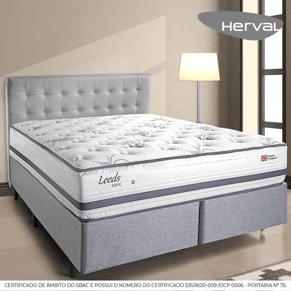 Miniatura Cama Box com Cabeceira Queen Herval Leeds, Molas Maxspring, 69x158x198 cm