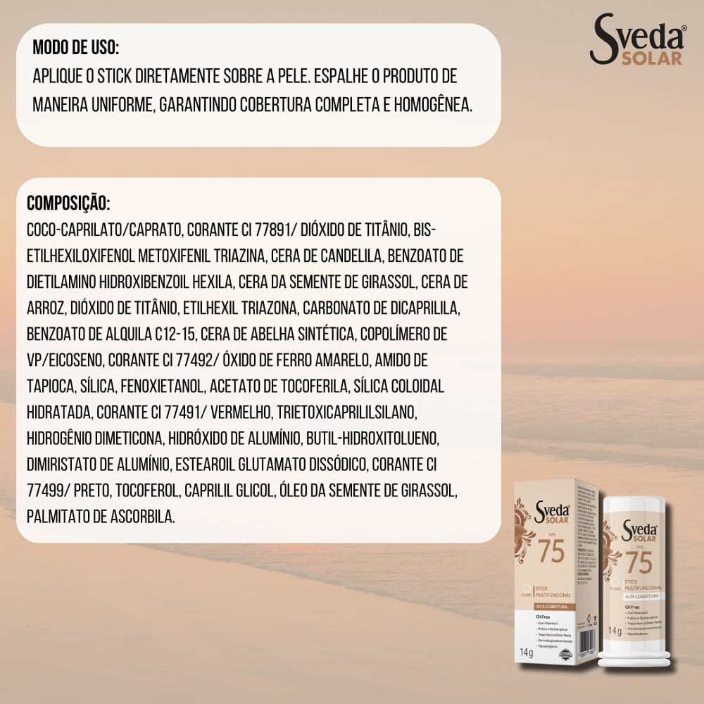 Miniatura Protetor Solar Sveda Stick Multifuncional Claro Fps75 14g