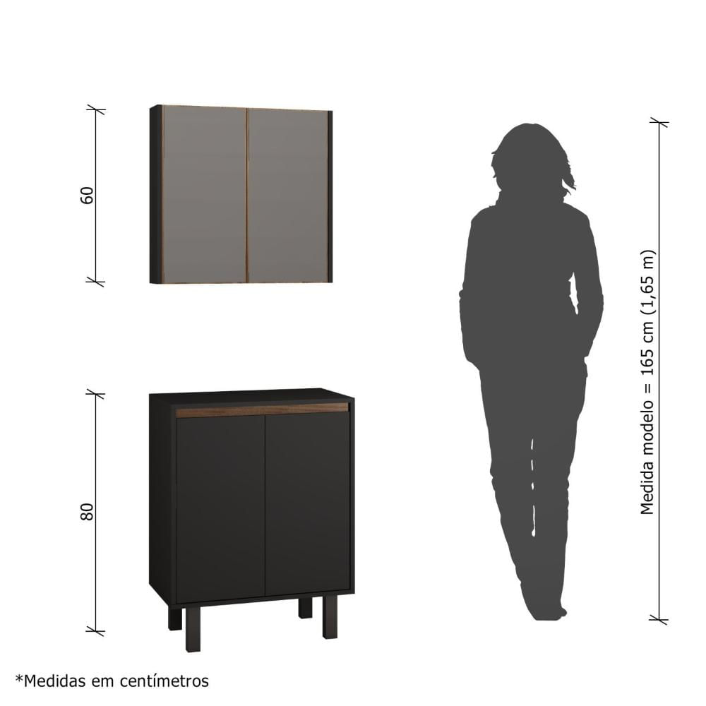 Gabinete para Banheiro com Espelheira Litto Estilare Preto/Amadeirado