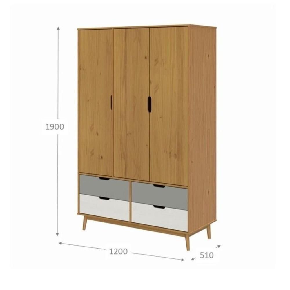 Miniatura Conjunto Quarto em Madeira Maciça Guarda-Roupa 3 Portas e Cômoda 3 Gavetas Nórdica Yescasa Roble/Cinza/Branco