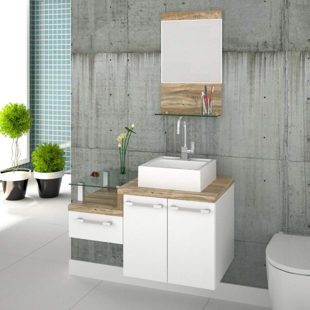 Miniatura Gabinete para Banheiro 2 Portas 1 Gaveta com Cuba Q35 e Espelheira Legno 831W Espresso Móveis Branco/Carvalho