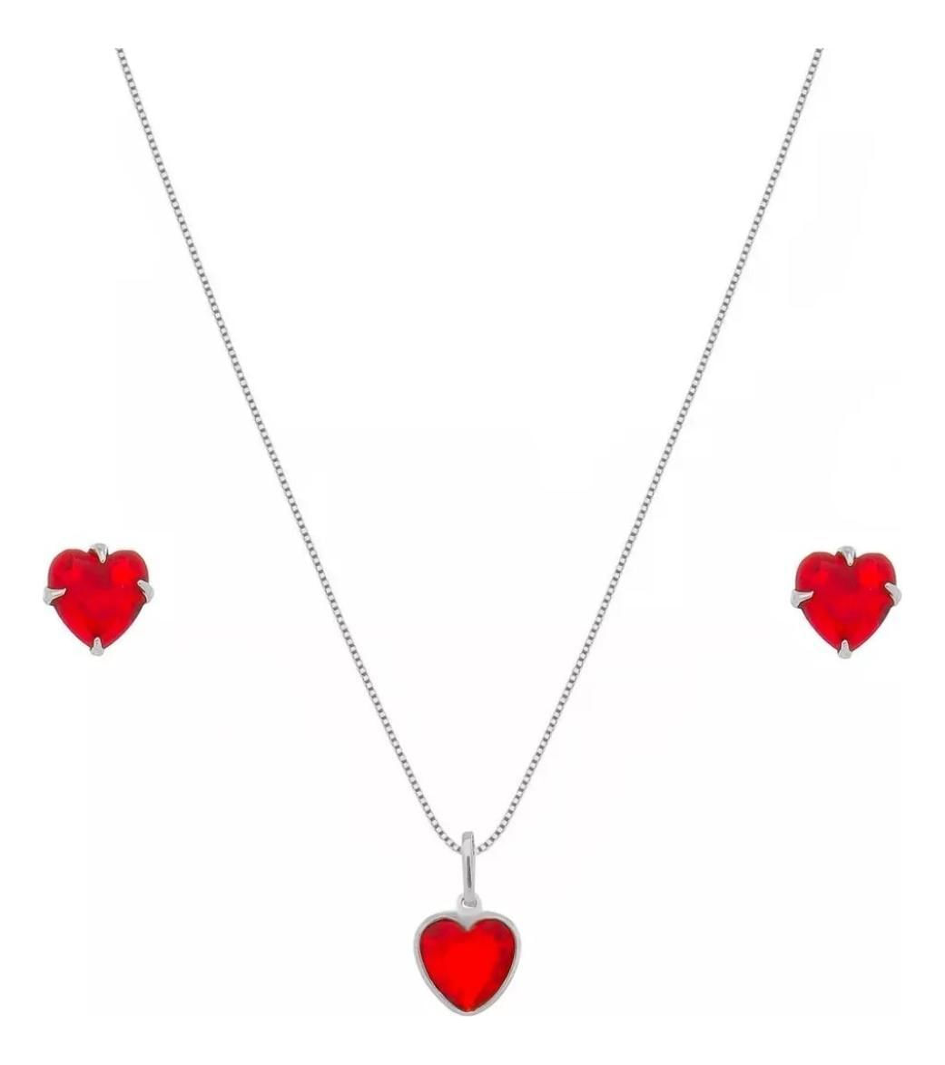 Kit Conjunto Colar Prata 925 + Brincos Coração Zircônia