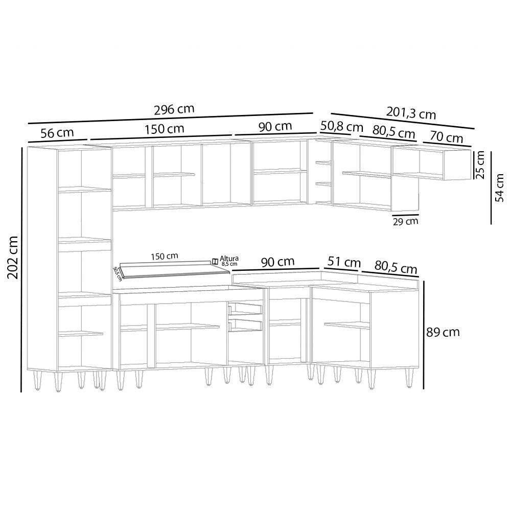 Armário De Cozinha Modulada De Canto 8 Peças Cp08 Balcão Com Tampo Castanho/cinza - Lumil