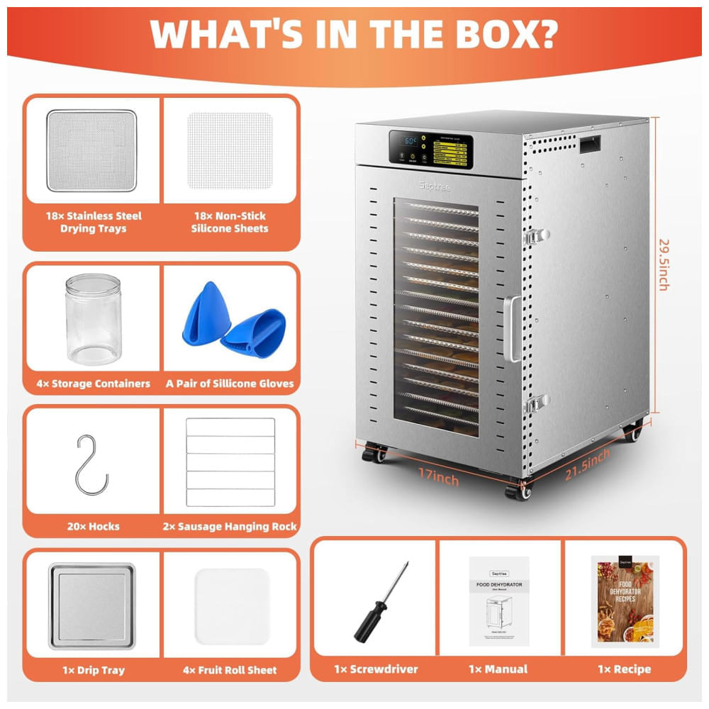 Miniatura Desidratador de Alimentos em Aço Inoxidável com 18 Bandejas, Temporizador Ajustável e Controle de Temperatura, 110V 15...