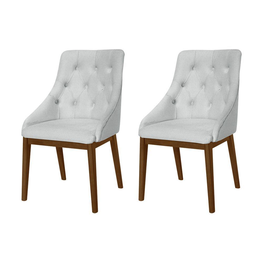 Miniatura Kit 2 Cadeiras De Jantar Elisa Nobre Estofada Capitonê Linho Cinza Base Madeira Maciça Imbuia