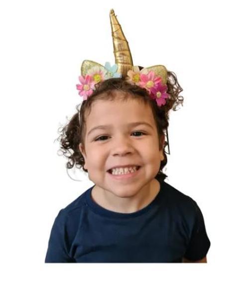 Miniatura Arco Tiara Unicórnio Infantil Metalizado Com Flores