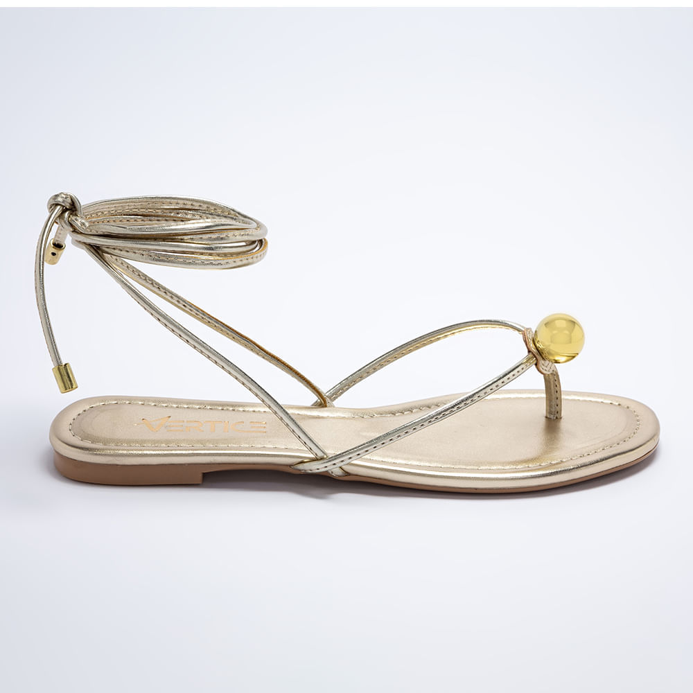 Rasteira Flat Feminina Com Amarração E Detalhe Bola - Ouro 34