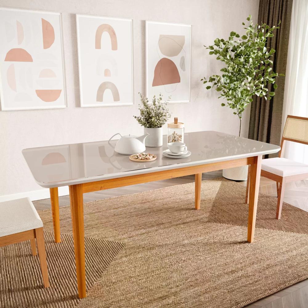 Miniatura Mesa de Jantar 6 Lugares 1,80m Tampo MDF e Vidro Pés Madeira Maciça Tangará CabeCasa MadeiraMadeira Caramelo/Off White