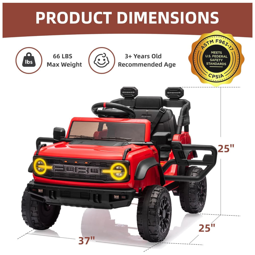 Miniatura Carro Elétrico Infantil 12V, Ford Bronco 1 Assento, com Controle Remoto, Suspensão nas 4 Rodas, Música via Bluetooth, First Ride On, Vermelho 110v