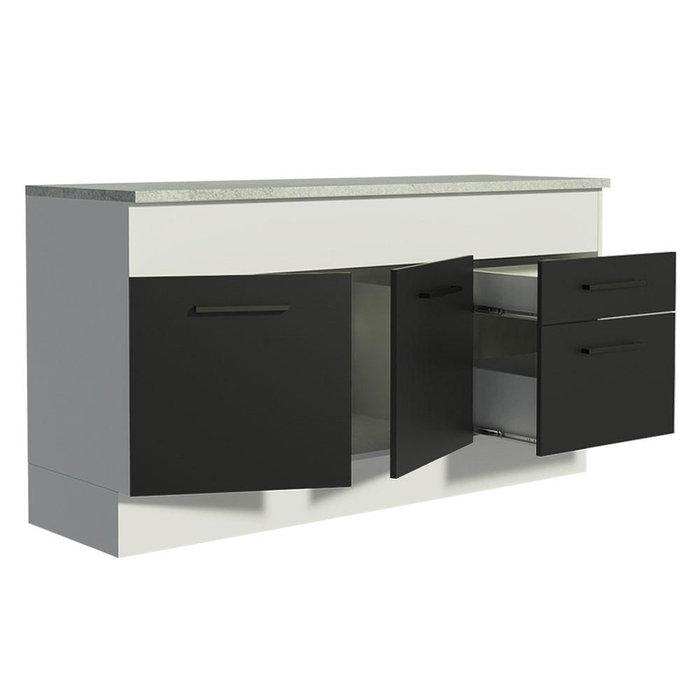 Miniatura Balcão de Pia Cozinha 150 cm 2 Portas e 2 Gavetas (Com Tampo) Branco/Preto Agata Madesa Branco/Preto