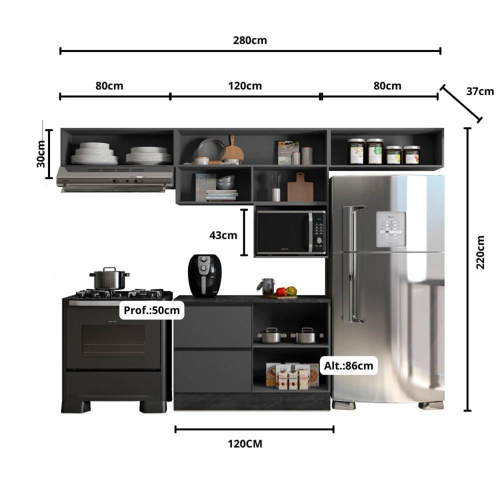Miniatura Cozinha Modulada 5 Peças 5 Portas 3 Gavetas Balcão com Tampo Etna Grafite