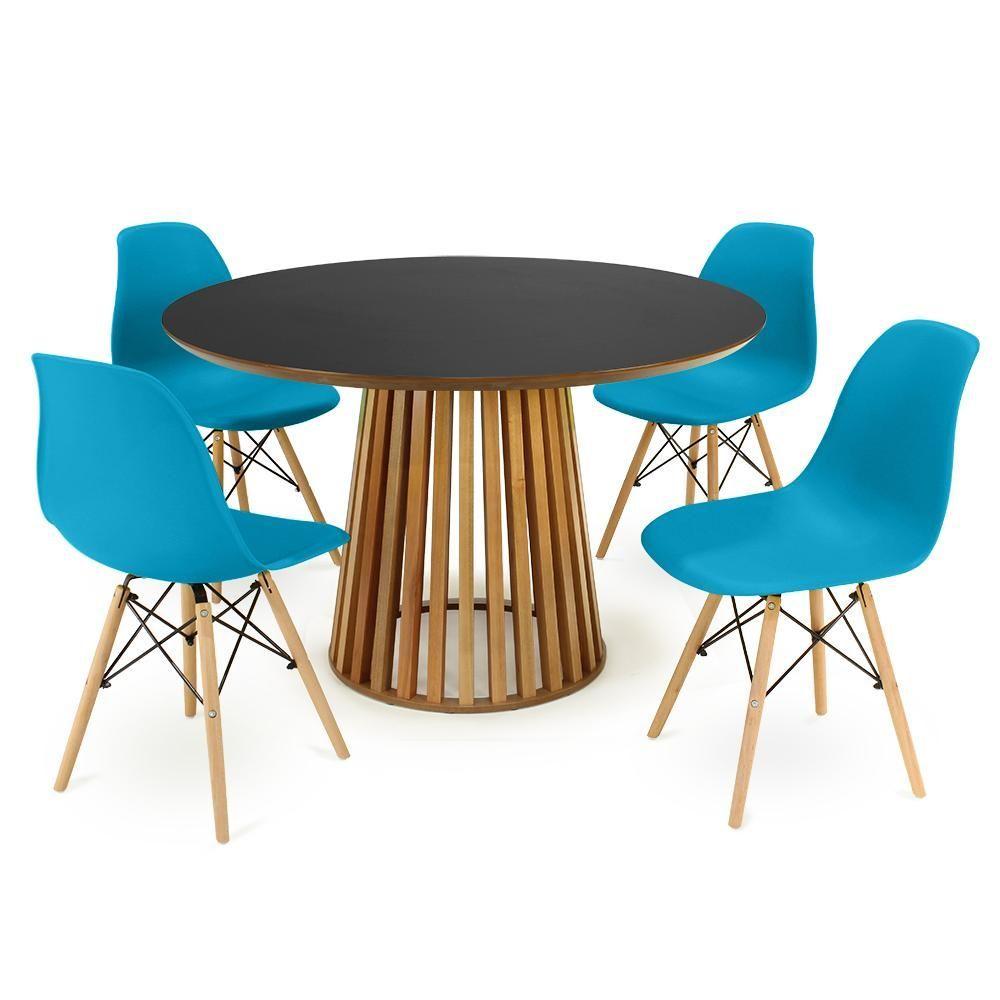 Miniatura Conjunto Mesa De Jantar Redonda Luana Amadeirada Preta 120cm Com 4 Cadeiras Eames Eiffel - Turquesa