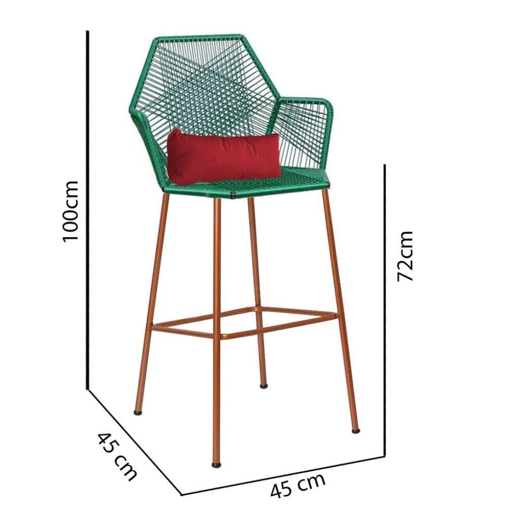 Miniatura Banqueta Alta Com Encosto Ferro Bronze Fibra Verde Almofada Corino Vermelho