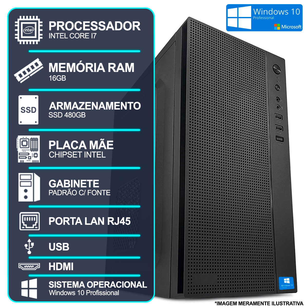 Miniatura Computador Desktop Intel Core I7, 16GB RAM, SSD 480GB, HDMI, Windows 10 Pro 64 Bits