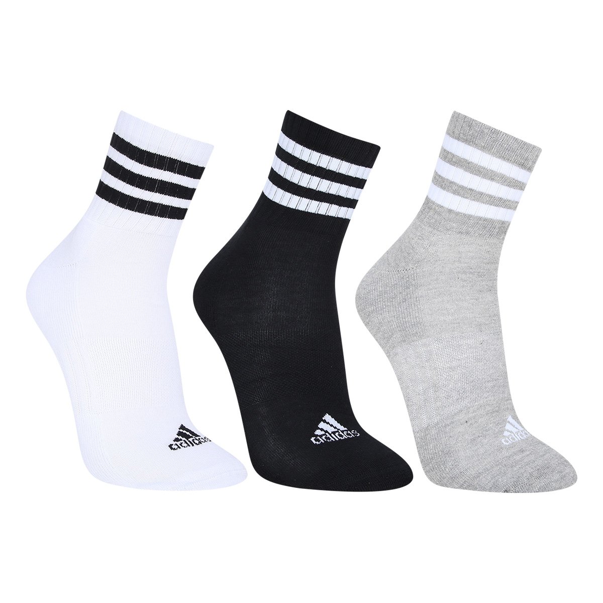 Miniatura Kit Meia Adidas Cano Médio 3 Listras 3 Pares Cinza+Preto - 38/40