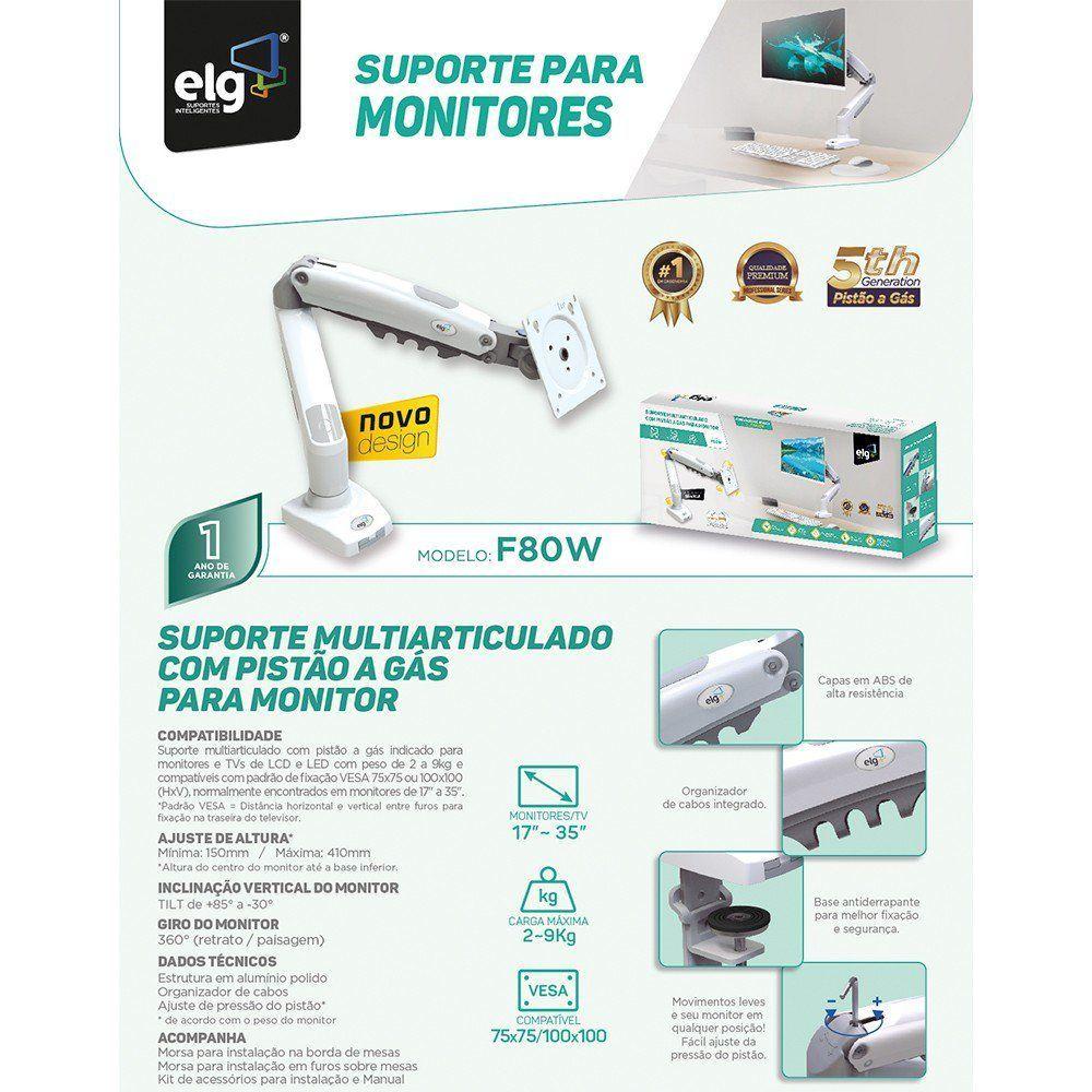 Miniatura Suporte Monitor Branco Articulado 17 A 35 Pistão F80w Elg
