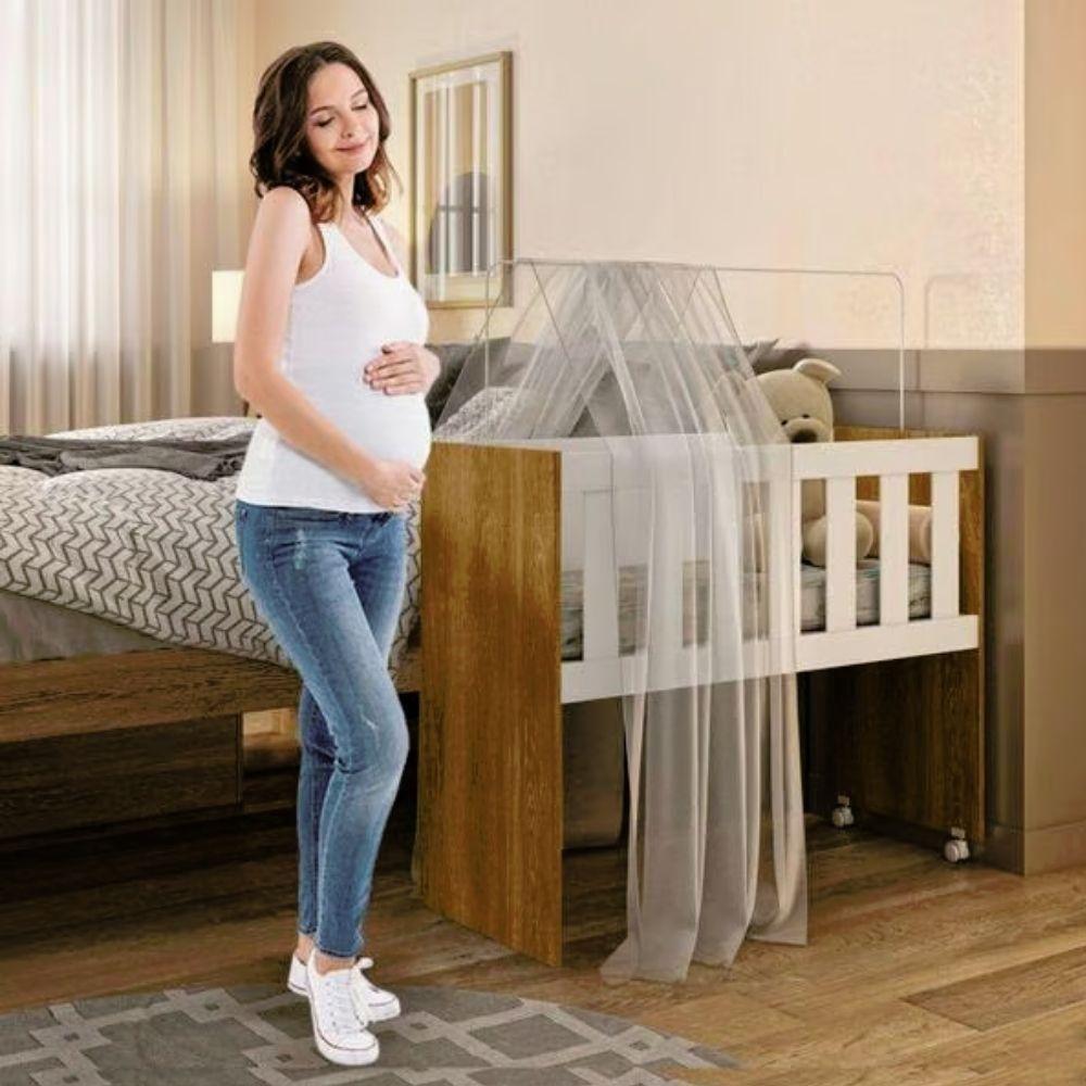 Miniatura Mini Berço Multifuncional Com Colchão 100% Mdf 5 Em 1 Rubi Tigus Baby Branco/Amadeirado