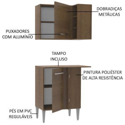 Miniatura Kit de Canto Reto Madesa Emilly 2 Portas com Armário Aéreo, Adega e Balcão Rustic Cor:Rustic