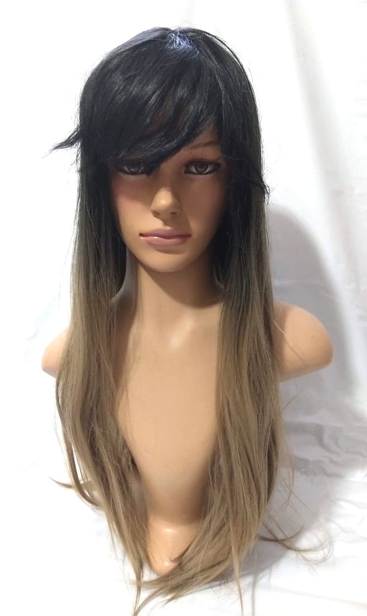 Miniatura Peruca Lace Wig Lisa Preto com Loiro Ombre Hair Fibra Futura