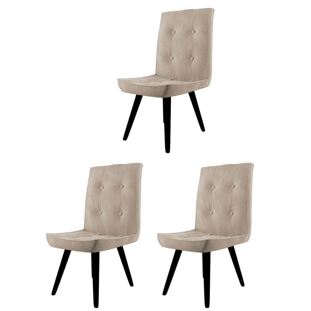 Miniatura Conjunto 03 Cadeira De Jantar Drop Com Botão Base Pé Palito Preto Suede Bege
