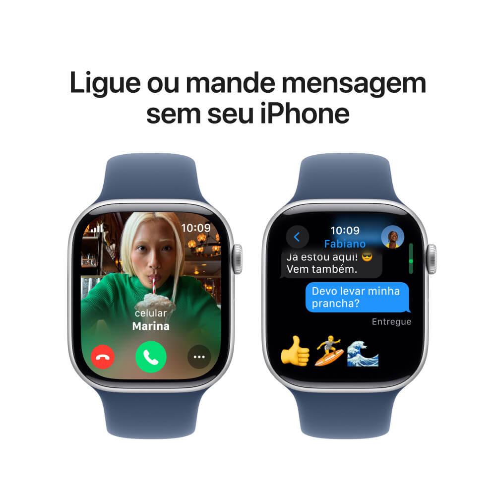 Apple Watch Series 10 GPS + Cellular • Caixa prateada de alumínio – 46 mm • Pulseira esportiva denim – P/M