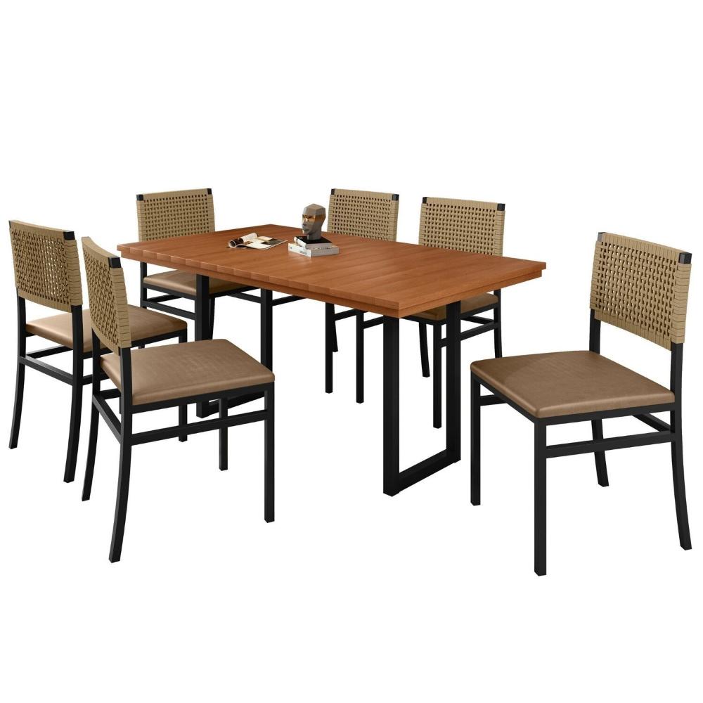 Miniatura Conjunto Itália Tampo Ripado Eucalípto 160x90cm com 6 Cadeiras Madri Preto/Bege