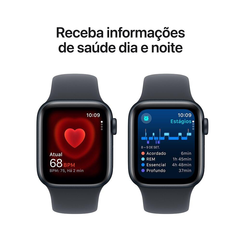 Miniatura Apple Watch SE GPS • Caixa meia-noite de alumínio – 40 mm • Pulseira esportiva meia-noite – M/G