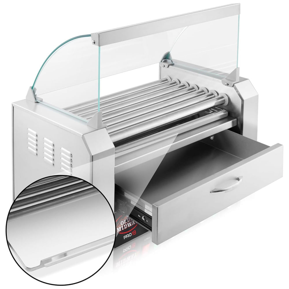 Miniatura Máquina para Cachorro Quente 7 Rolos até 18 Salsichas com Gaveta de Aquecimento, 110V 1100W, OLDE MIDWAY, Prata