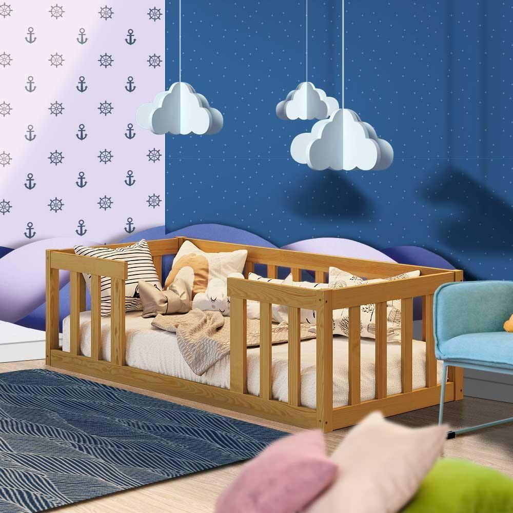 Miniatura Cama Cercadinho De Chão Infantil Montessori Nogueira Com Colchão Mura Jm Móveis