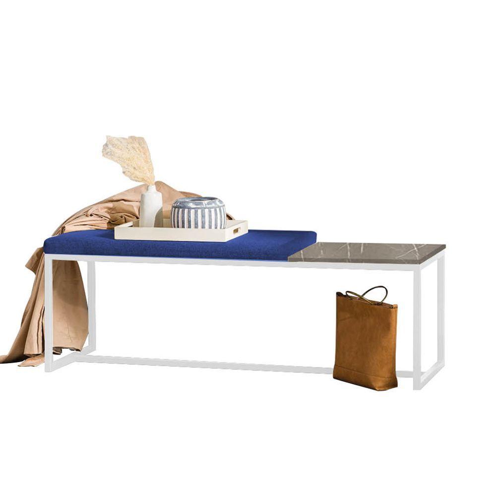 Miniatura Banco Recamier Puff 195cm Industrial Branco Sintético Azul Marinho Tampo Quadrado Mdf Marmorizado