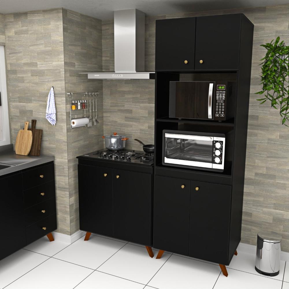 Conjunto Cozinha Modular Balcão Cooktop Torre Quente Preto