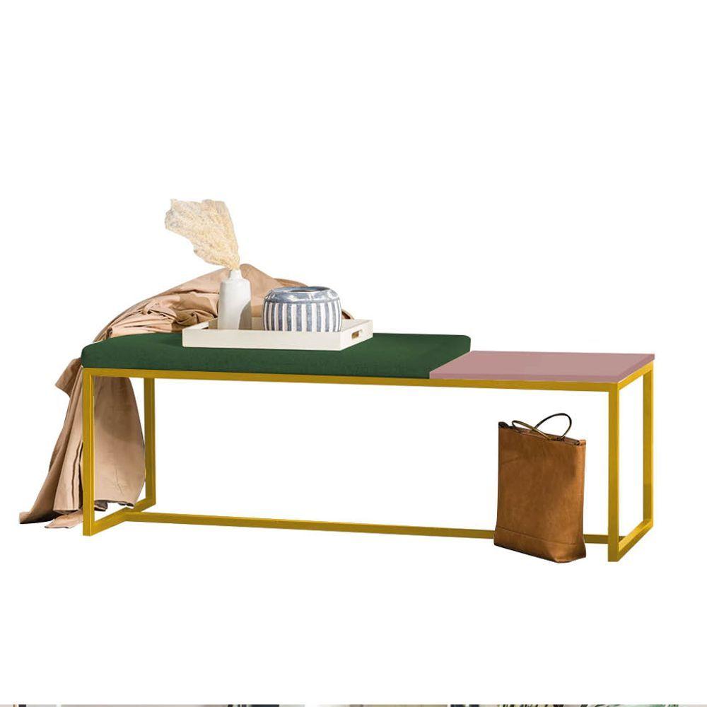 Miniatura Banco Recamier Puff 160cm Industrial Dourado Suede Verde Tampo Quadrado Mdf Rose