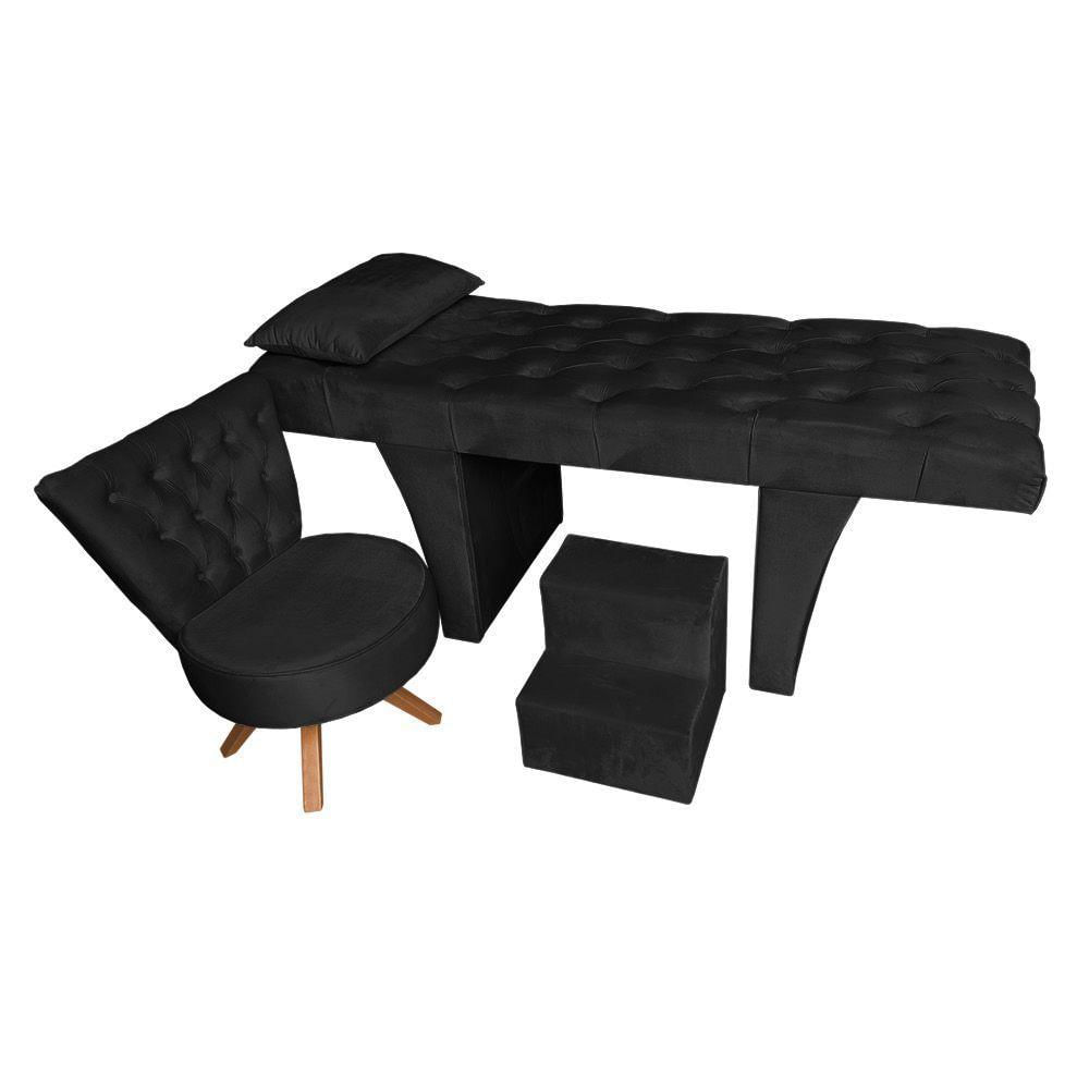 Miniatura Kit Maca Reta Capitonê 0,80m Sophia Com Mocho Base Madeira E Escada Veludo - Pallazio Preto