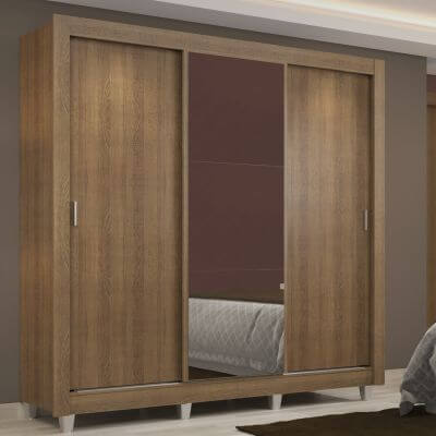 Miniatura Guarda Roupa Casal Madesa Lyon 3 Portas de Correr com Espelho 2 Gavetas com Pés Rustic Cor:Rustic