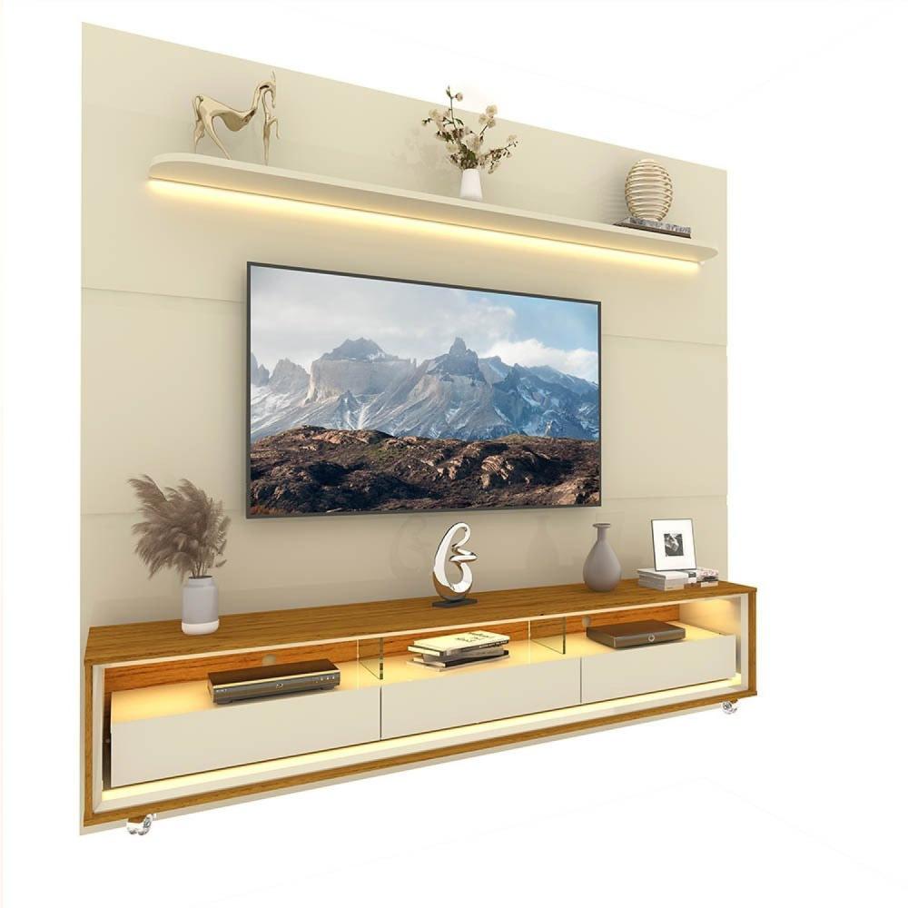 Miniatura Rack com Painel para Tv até 85 Polegadas Led 3 Gavetas com Rodízios 220cm Royal/requinte Off White/Naturale-Off White