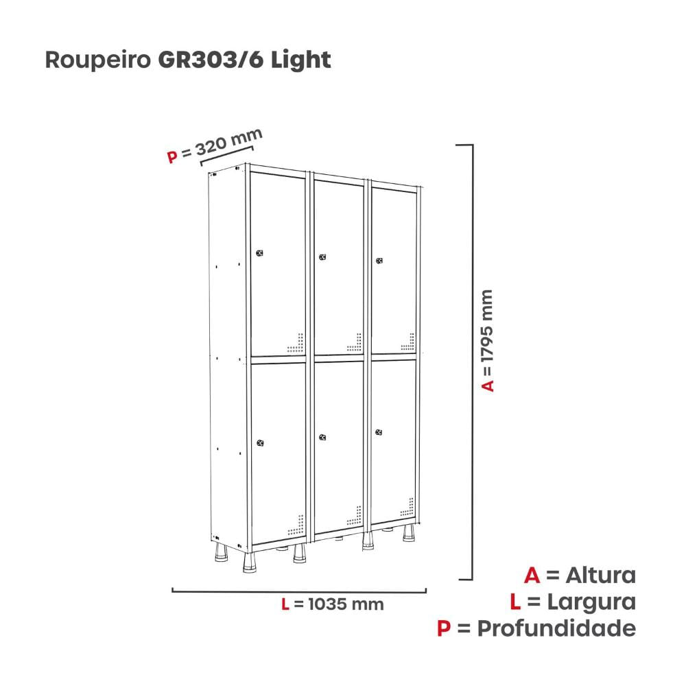 Miniatura Roupeiro ACO Light 3V 06 Portas Gr303/6 Cinza/Vermelho