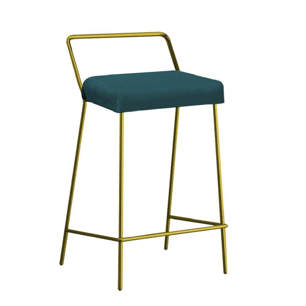 Miniatura Banqueta Alta Com Encosto Donna Industrial Cozinha Bistrô Ferro Dourado Suede Azul Turquesa