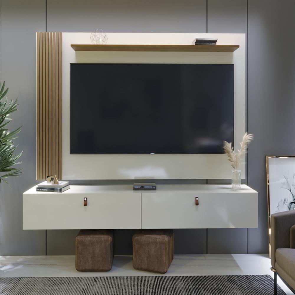 Rack Com Painel Ripado Suspenso Para Tv Até 70 Polegadas 2 Portas Grécia 180cm Off White E Nature