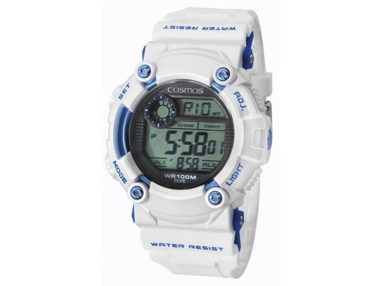 Miniatura Relógio Esportivo Cosmos Digital Branco Cronometro OS41388B